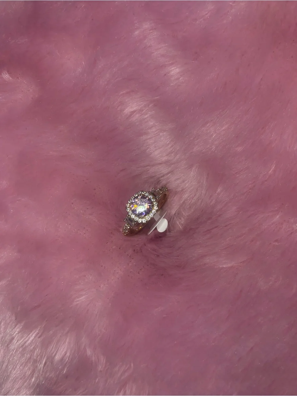 Gold Ring with Pink Center Stone and Halo Accent